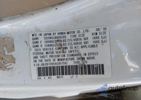 2006 Honda Cr-V Se z USA, uszkodzony, nr VIN JHLRD78956C007592